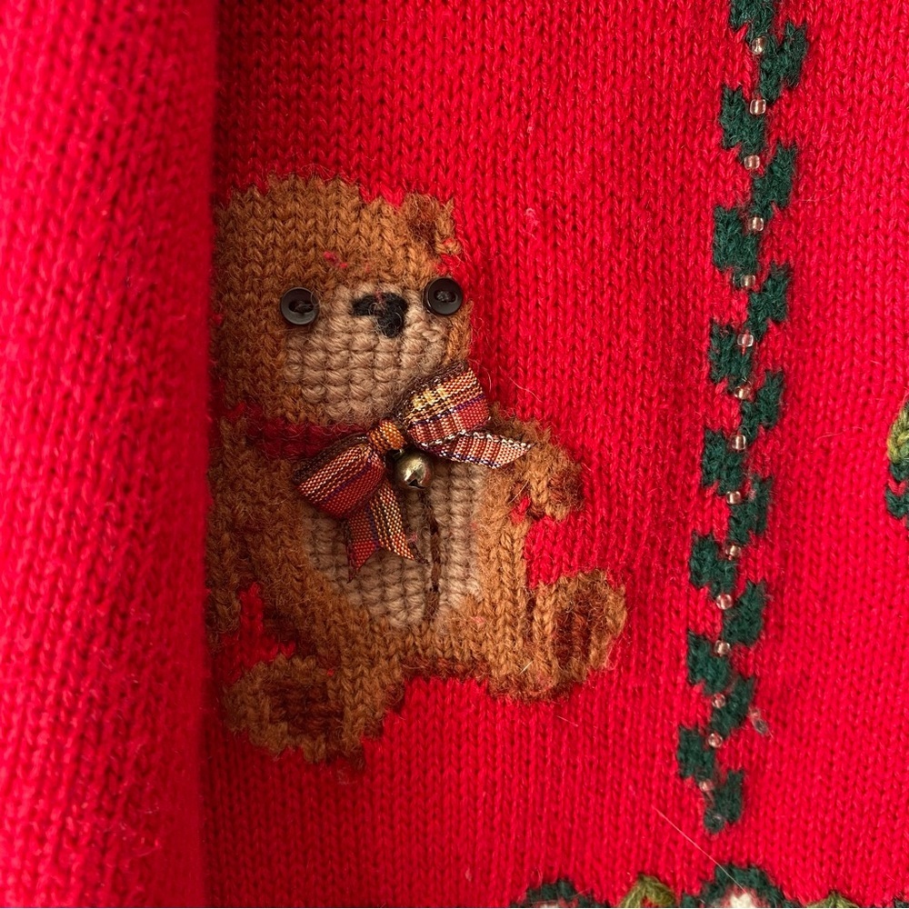 Vintage Y2K Embroidered Christmas Cardigan Knit Sweater Red Large - Picture 7 of 11